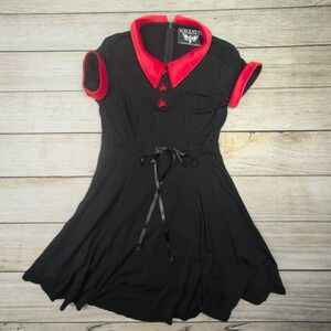 Killstar Womens XS Skater Dress Black Red‎ Velvet Collar Skull Buttons Goth